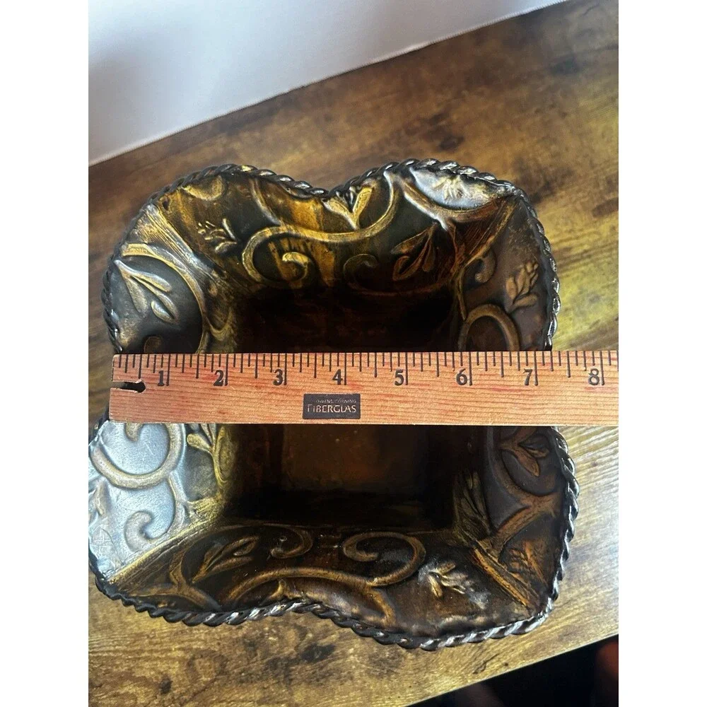 Vintage Embossed Metal Planter Bronze Floral Scroll Footed Cachepot Decor Accent
